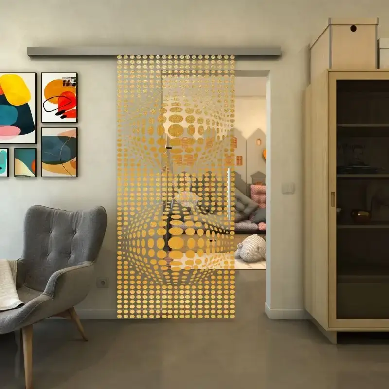 Zertifiziert Glasschiebetür SLIM-LINE - Fineprint Modell 101 Gold auf Klarglas