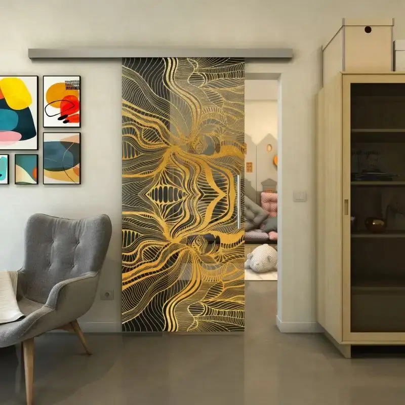Zertifiziert Glasschiebetür SLIM-LINE - Fineprint Modell 010 Gold auf Grauglas