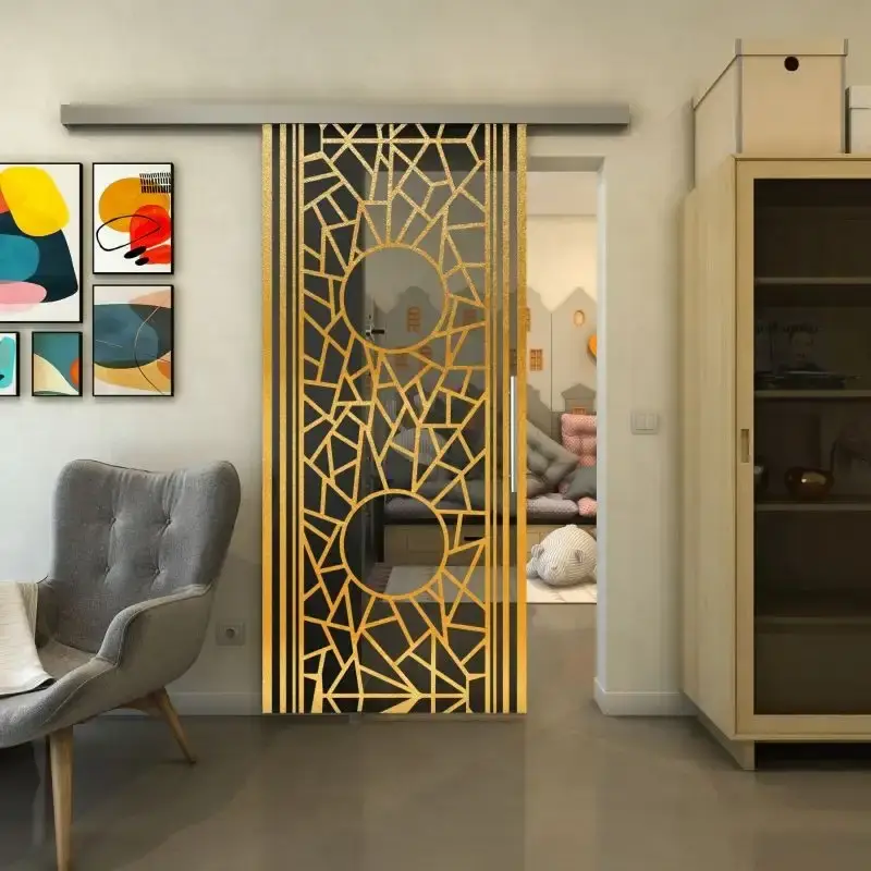 Zertifiziert Glasschiebetür SLIM-LINE - Fineprint Modell 154 Gold auf Grauglas