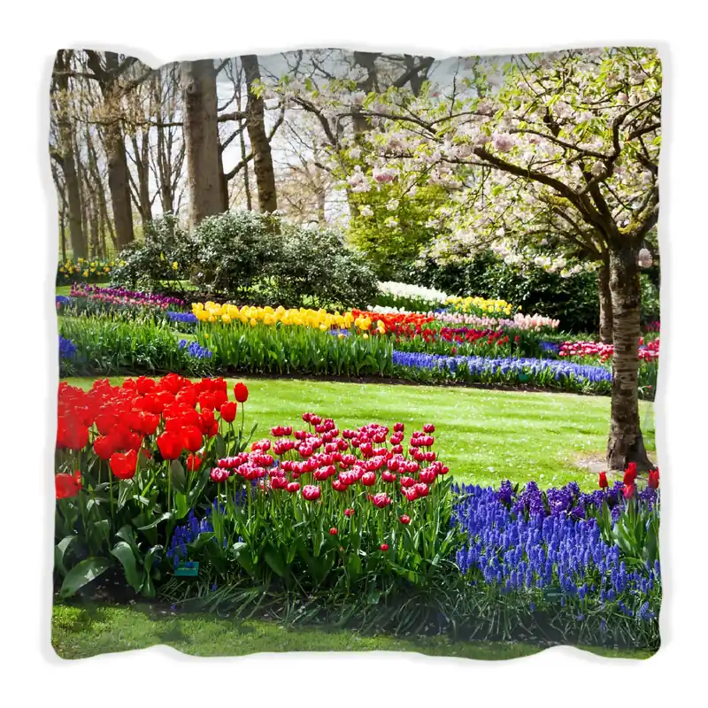 Zertifiziert Kissen Bunte Blumen und Kirsch-Baum im Park blühen im Frühling 40 x 40 cm, Foto