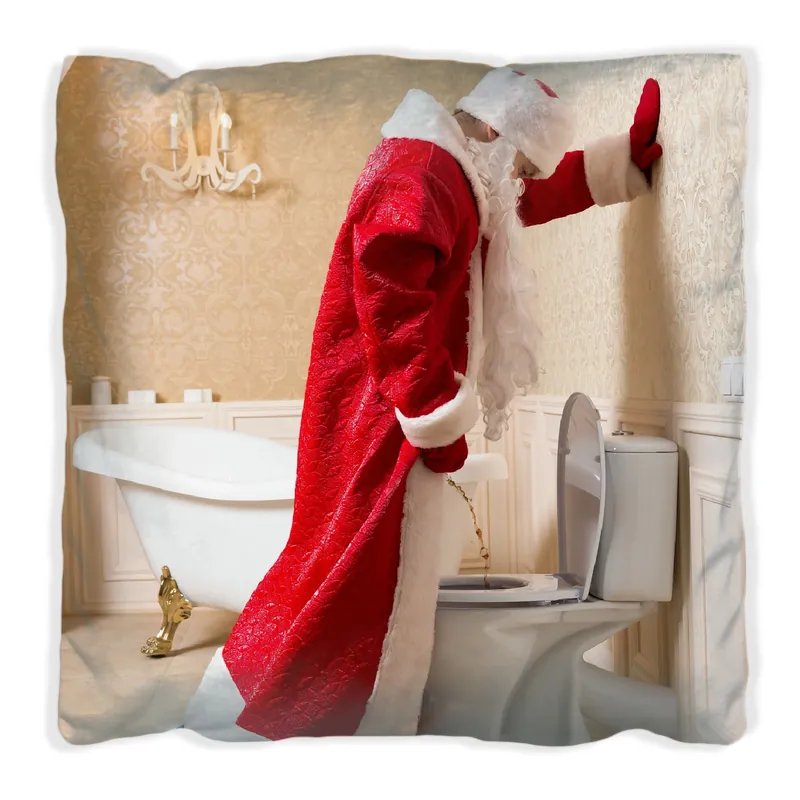 Zertifiziert Kissen Weihnachtsmann macht Pause und pinkelt auf edler Toilette 40 x 40 cm, schwarz