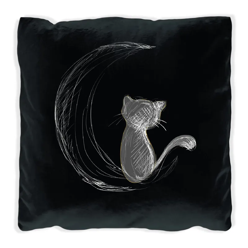 Zertifiziert Kissen Katze sitzt auf dem Mond - illustriert in weiß auf schwarz 30 x 30 cm, schwarz