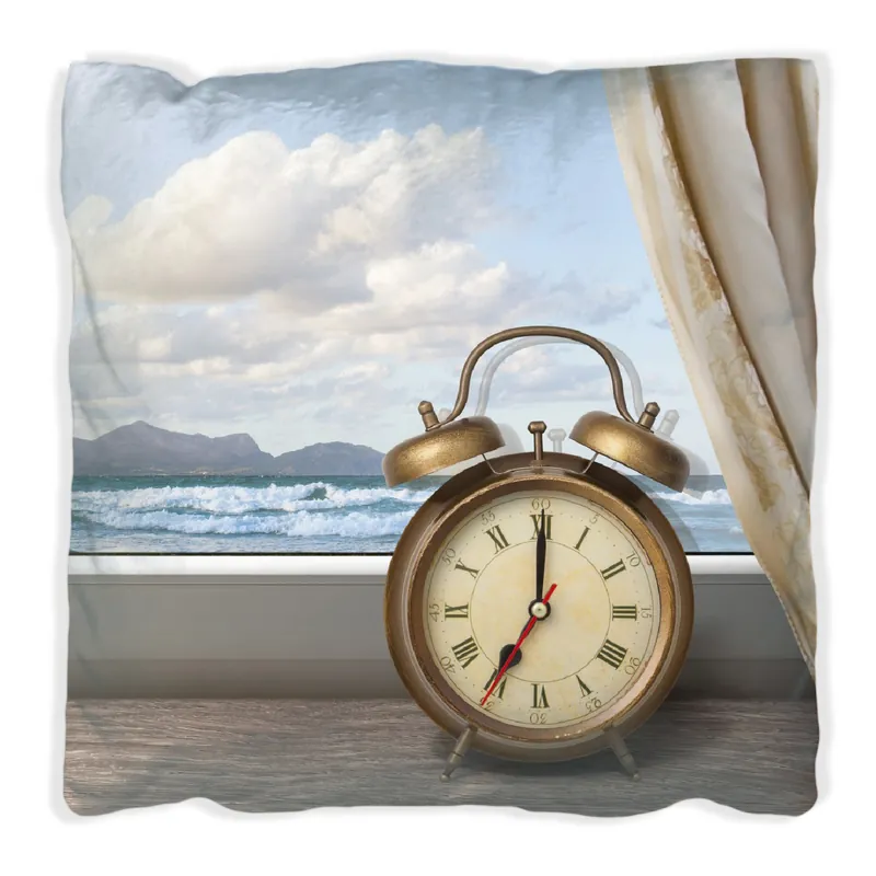 Heißes Angebot Kissen Guten Morgen sagt das Meer - Wecker und Vorhang am Fenster 60 x 60 cm, weiß
