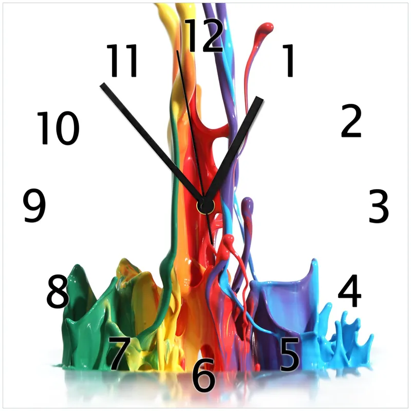 Garantierte Lieferung Wanduhr aus Glas Farbklecks von links - Bunte Farben auf Abwegen mit weißen Zeigern, 20 x 20 cm