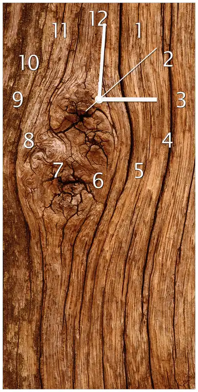 Zertifiziert Wanduhr aus Glas Holzstamm mit Asteinschluss mit schwarzen Zeigern, 30 x 60 cm