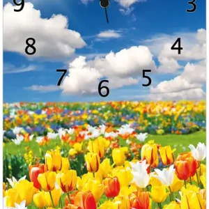 Zertifiziert Wanduhr aus Glas Tulpenwiese unter blauem Himmel mit weißen Zeigern, 30 x 30 cm