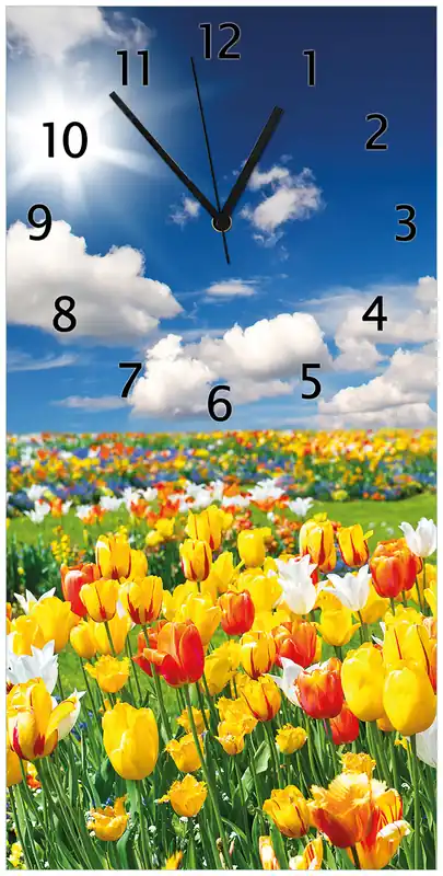 Zertifiziert Wanduhr aus Glas Tulpenwiese unter blauem Himmel mit weißen Zeigern, 30 x 30 cm