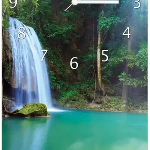 Zertifiziert Wanduhr aus Glas Wasserfall im Wald am See Idylle in Thailand mit schwarzen Zeigern, 30 x 30 cm