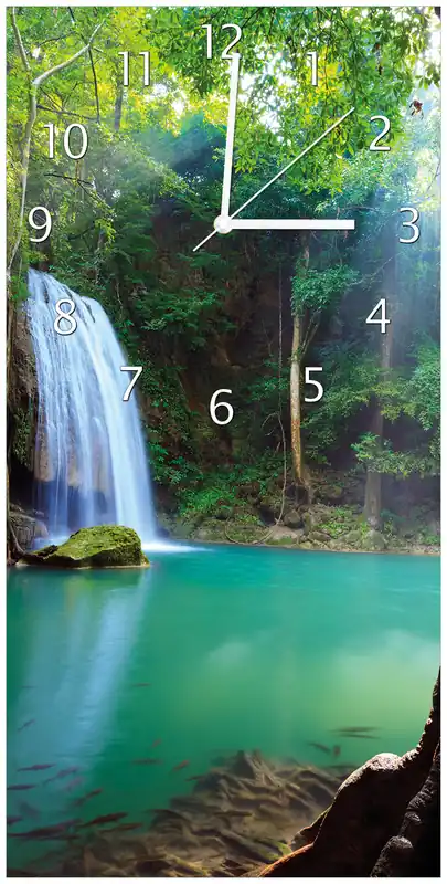 Zertifiziert Wanduhr aus Glas Wasserfall im Wald am See Idylle in Thailand mit schwarzen Zeigern, 30 x 30 cm