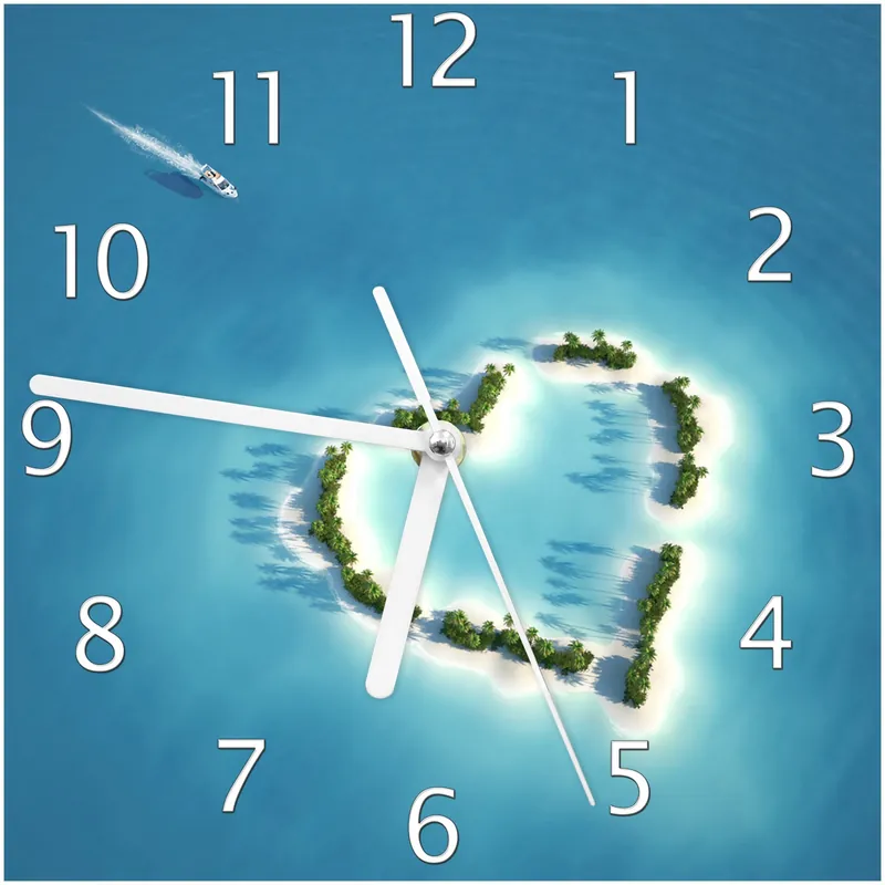 Zertifiziert Wanduhr aus Glas Insel mit Herz mit schwarzen Zeigern, 30 x 30 cm