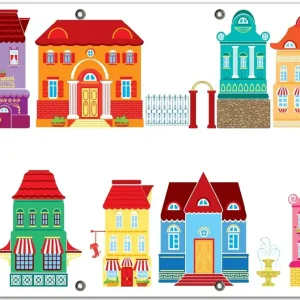 Zertifiziert Gartenposter Bunte Häuser in einer Stadt - Comic Stil 120 x 180 cm