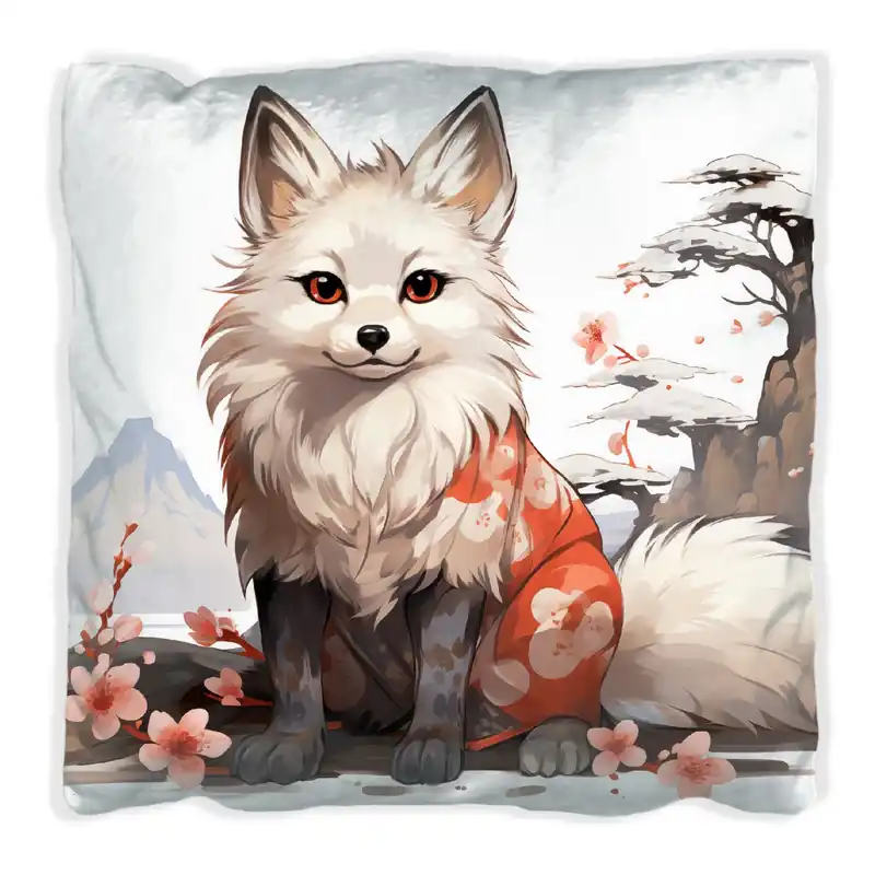 Zertifiziert Kissen Fuchs mit Kirschblüten 30 x 30 cm, schwarz