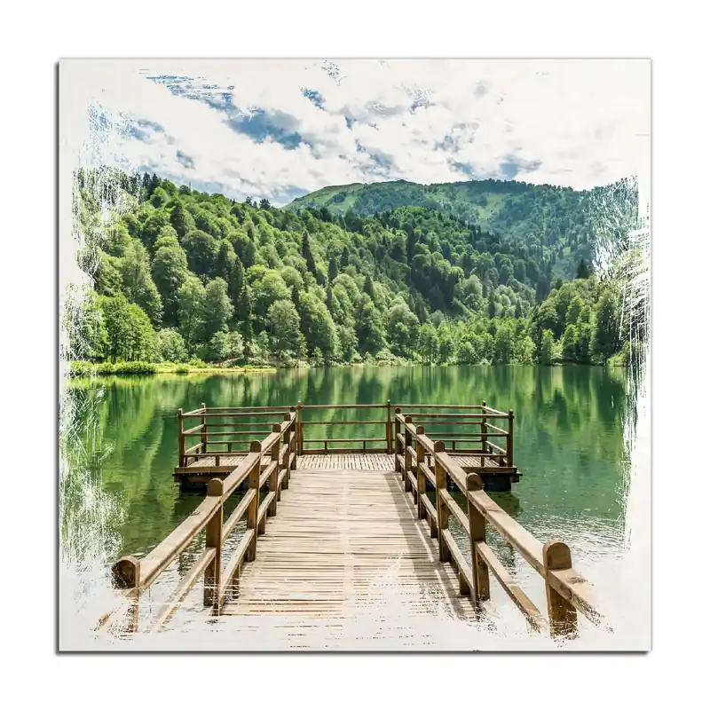 Kostenfreie Lieferung Holzbild Steg am See in den Bergen 50 x 50 cm