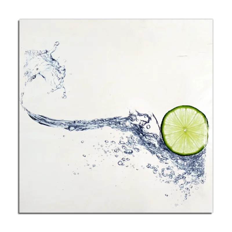Rabatt Holzbild Limettenscheibe in spritzigem Wasser 50 x 50 cm