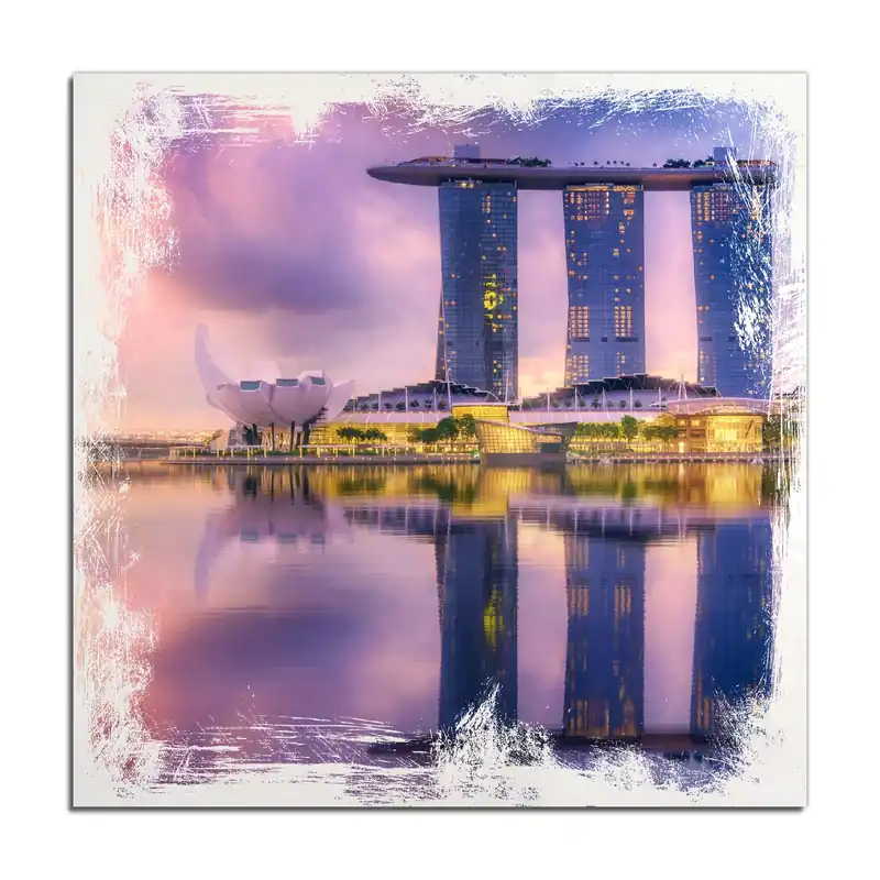 Aktuell Holzbild Abenddämmerung in Singapur 40 x 40 cm
