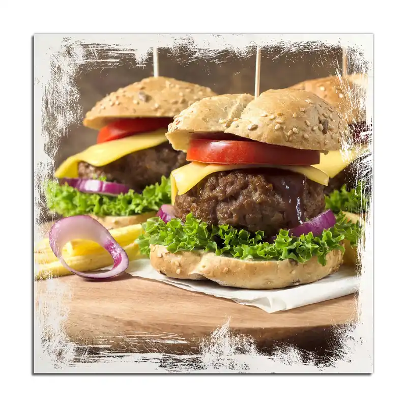 Neu Holzbild Saftige Burger auf Holzbrett 50 x 50 cm