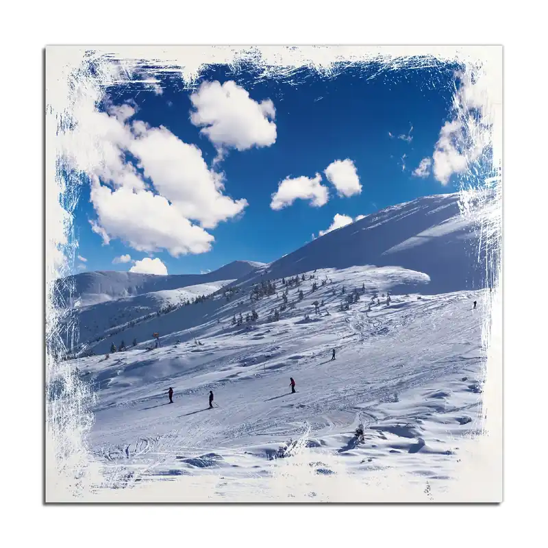 Markenware Holzbild Ski-Piste in den Alpen 50 x 50 cm