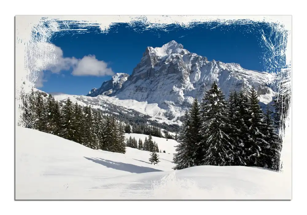 Top-Preis Holzbild Verschneiter Berghang unter blauem Himmel 60 x 90 cm