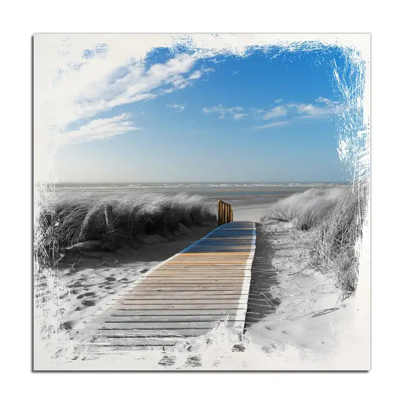Kostenloser Versand Holzbild Auf dem Holzweg zum Strand in schwarz-weiß Optik 40 x 40 cm