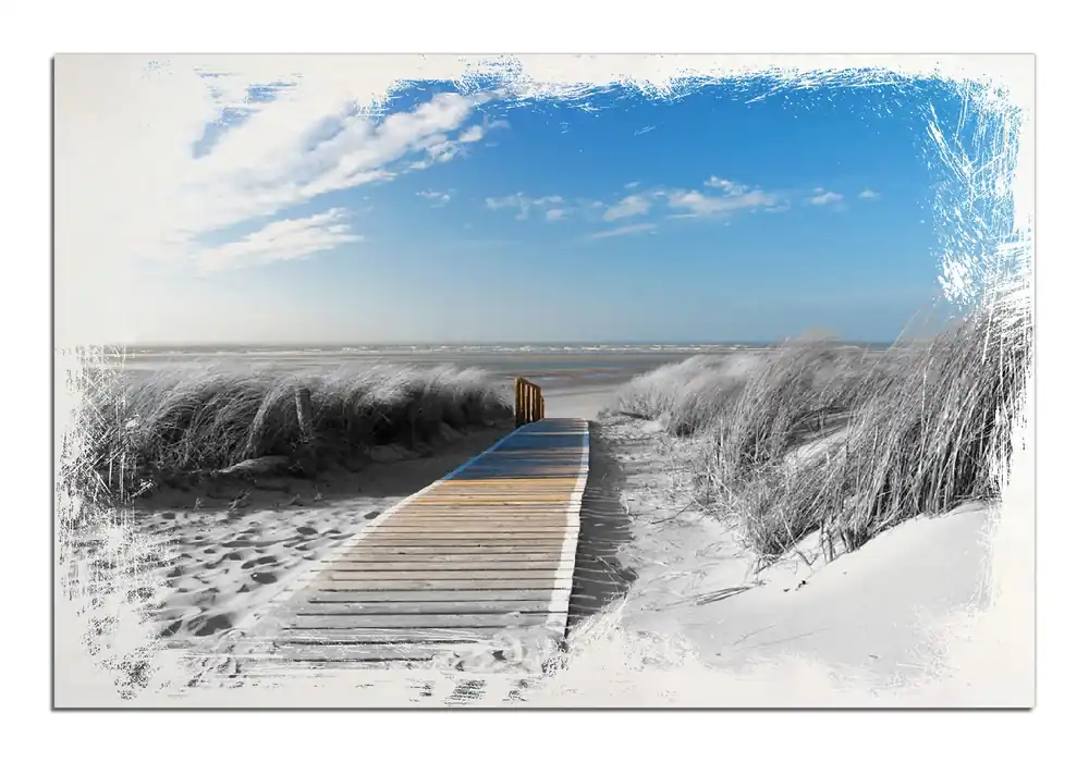 Preisknaller Holzbild Auf dem Holzweg zum Strand in schwarz-weiß Optik 60 x 90 cm