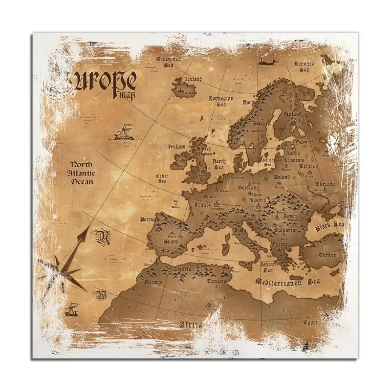 Super-Preis Holzbild Alte Weltkarte Karte von Europa in englisch 50 x 50 cm
