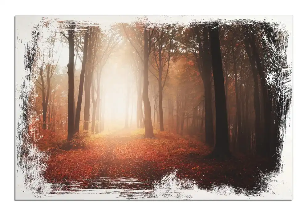 Saisonangebot Holzbild Herbstwald - Weg zu einer Lichtung im Wald 50 x 50 cm