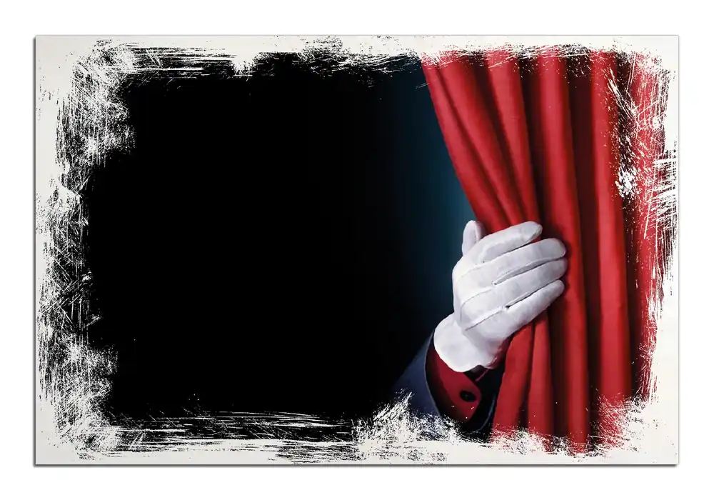Holzbild Vorhang auf für die Show Hand hinterm roten Vorhang 60 x 90 cm Bestseller
