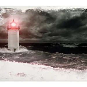 Sofort Bestellen Holzbild Leuchtturm im Wasser bei stürmischer See 60 x 90 cm