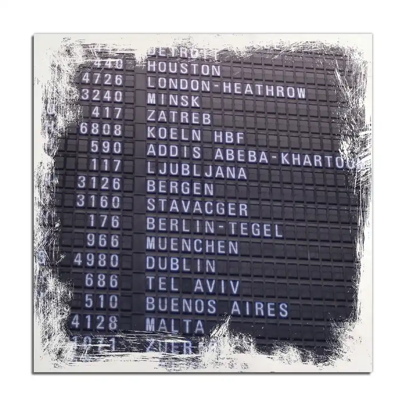 Preisknaller Holzbild Flughafen Abflugtafel 40 x 40 cm