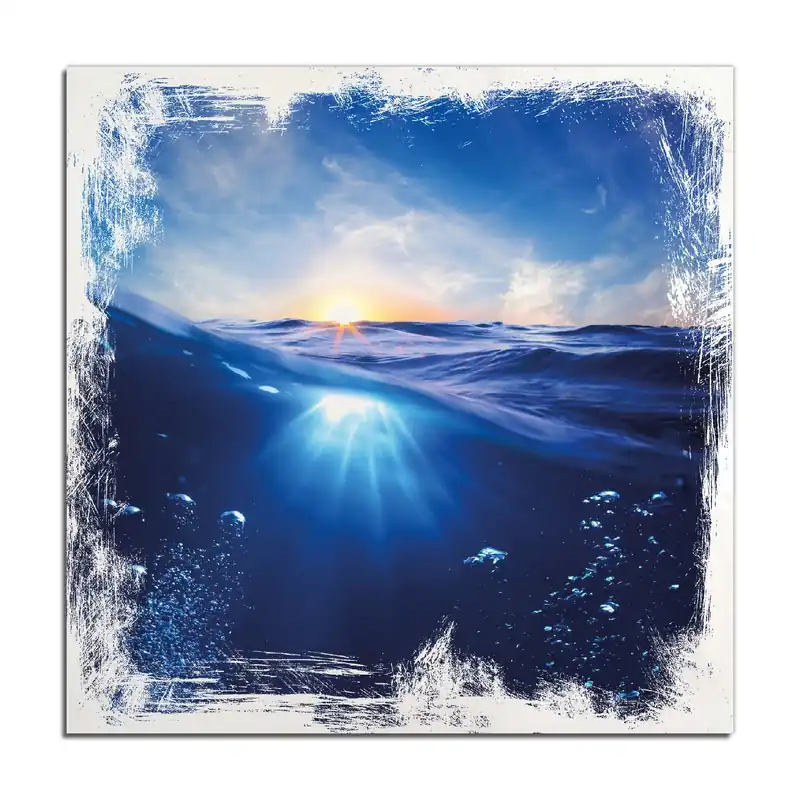 Kostenloser Versand Holzbild Wellen im Meer bei Sonnenuntergang 50 x 50 cm
