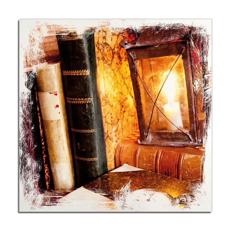 Top-Preis Holzbild Antike Laterne mit Kerze alten Büchern und Taschenuhr 40 x 40 cm