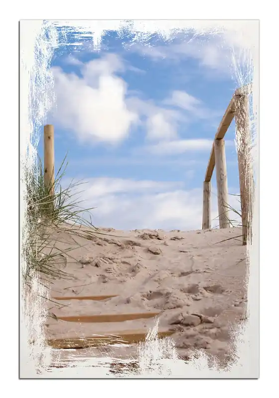 Sonderaktion Holzbild Auf der Holztreppe zum Strand 50 x 125 cm