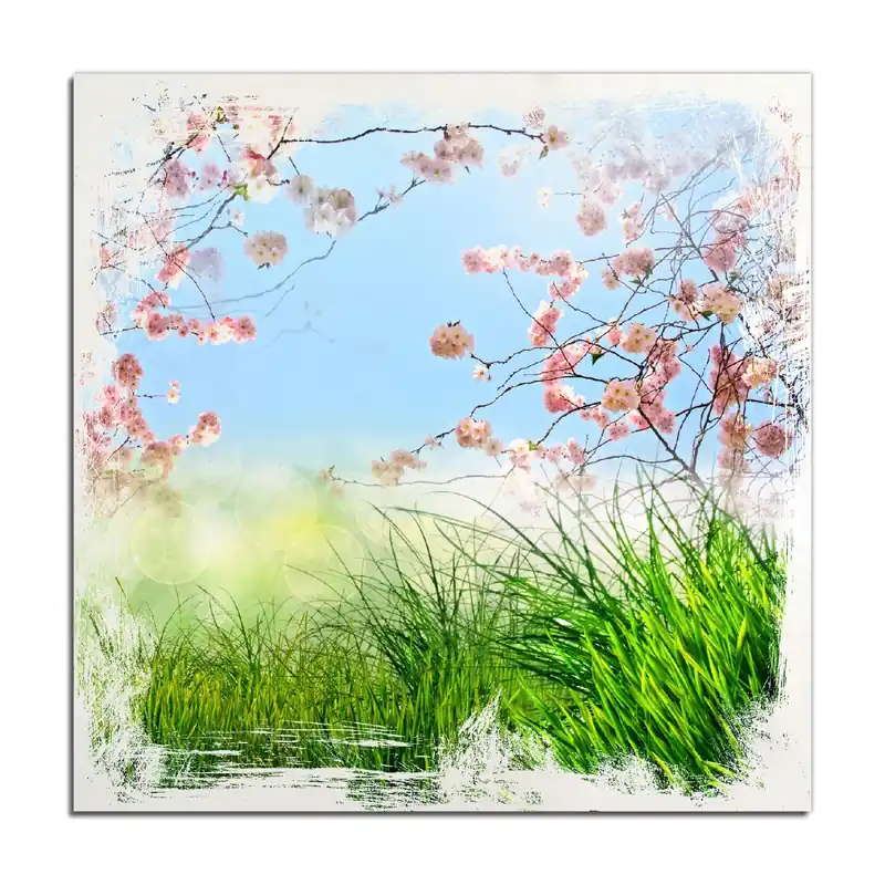 Zertifiziert Holzbild Kirschblütenzweige und grüne Wiese- Frühling 60 x 90 cm