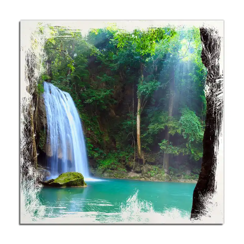 Holzbild Wasserfall im Wald am See Idylle in Thailand 50 x 125 cm Saisonangebot