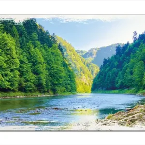 Aktuell Holzbild Fluss in den Bergen an steinigem Ufer 50 x 125 cm