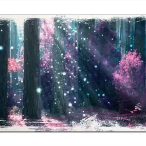Preis Gesenkt Holzbild Fantasie im Wald - Pinke Blumen in der Sonne 60 x 90 cm
