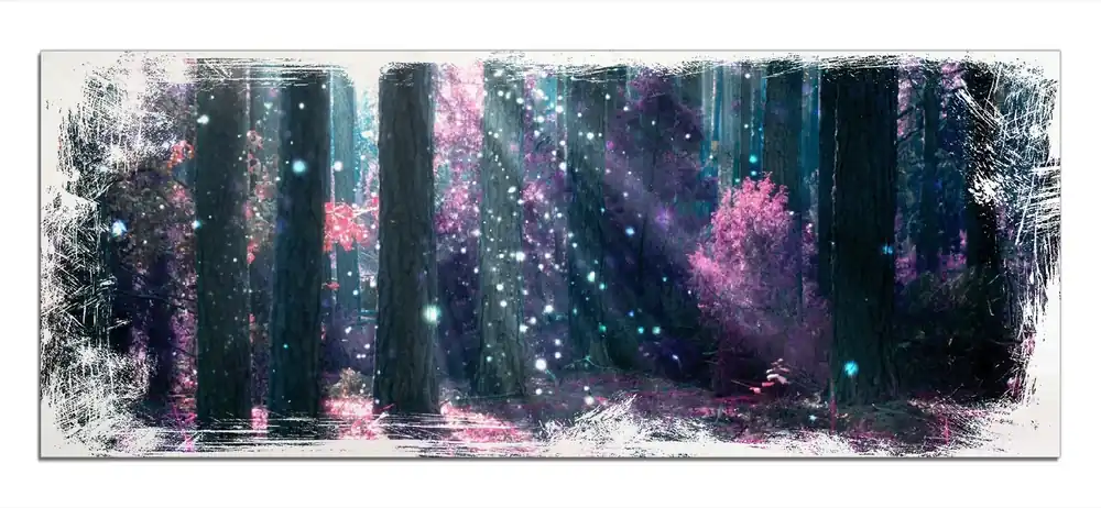Preis Gesenkt Holzbild Fantasie im Wald - Pinke Blumen in der Sonne 60 x 90 cm