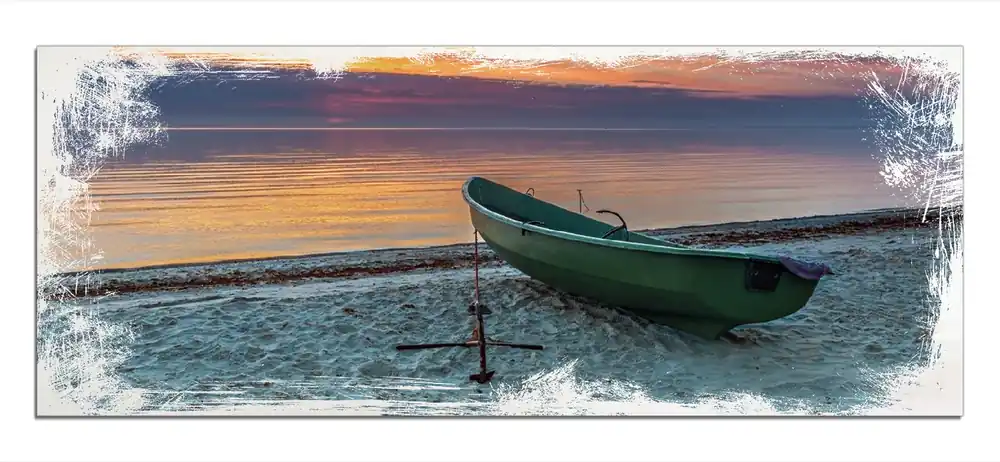 Preisreduziert Holzbild Einsames Fischerboot mit Anker am Strand 50 x 125 cm