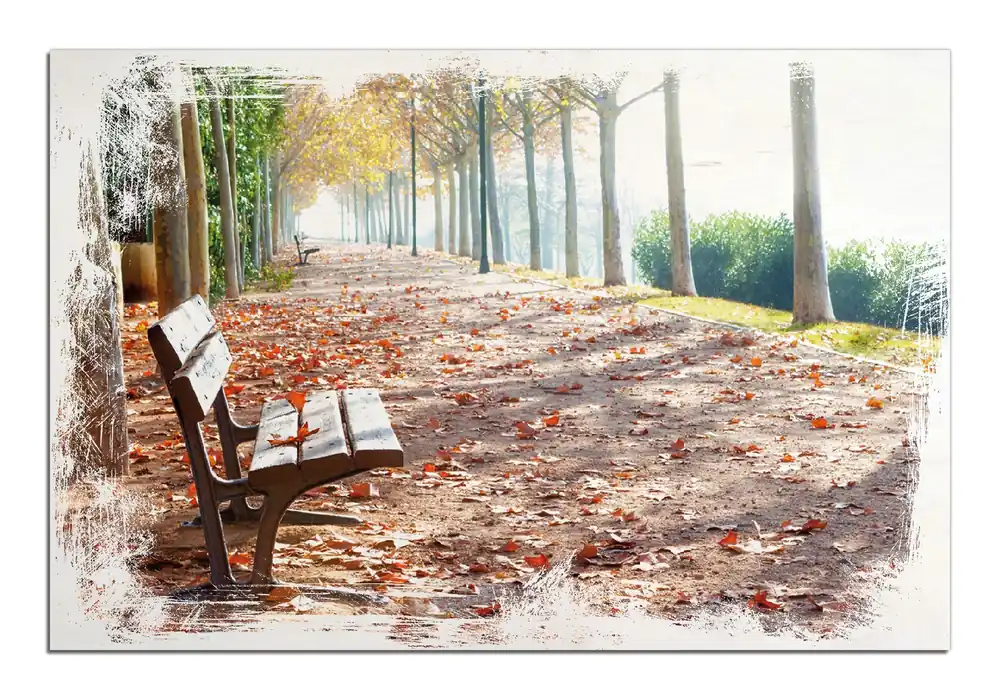 Kostenloser Rückversand Holzbild Einsame Parkbank an einer Allee - Herbststimmung 50 x 50 cm