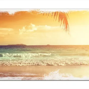 Neuheit Holzbild Sonnenuntergang am Strand in der Karibik 60 x 90 cm