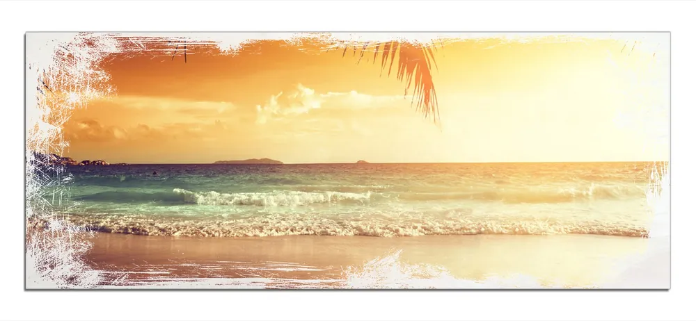 Neuheit Holzbild Sonnenuntergang am Strand in der Karibik 60 x 90 cm