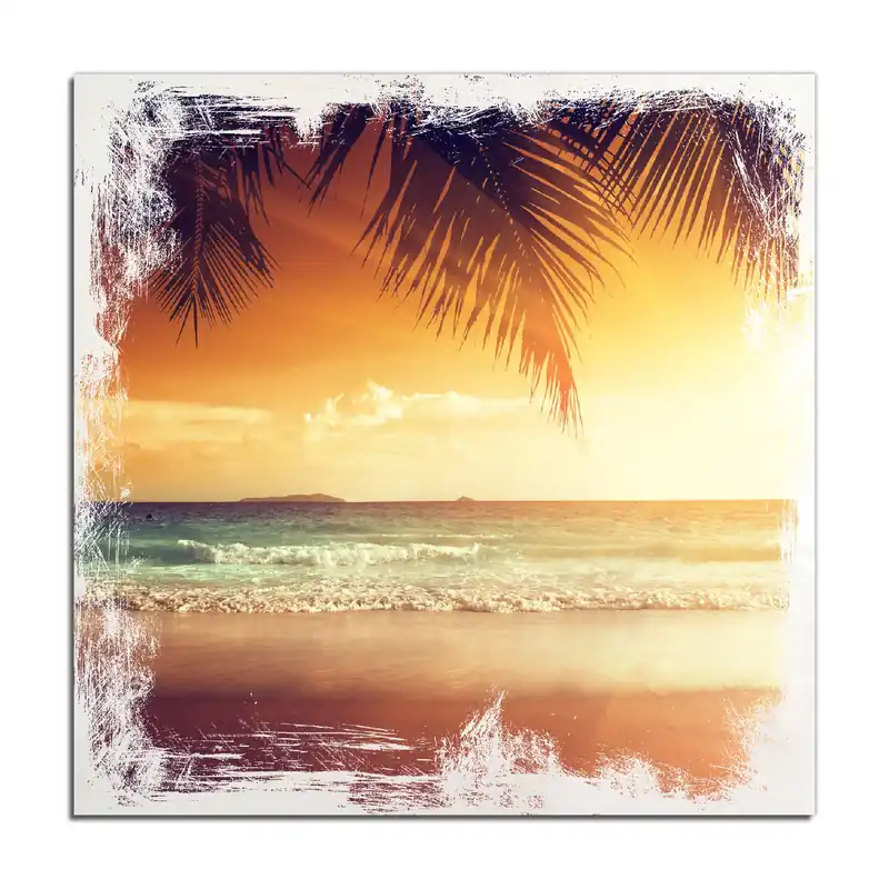 Kostenloser Versand Holzbild Sonnenuntergang am Strand in der Karibik 50 x 125 cm