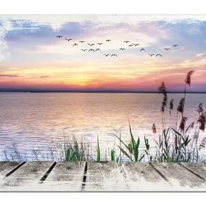 Holzbild Seepanorama mit Schilf und fliegenden Vögeln 50 x 50 cm Markenprodukt