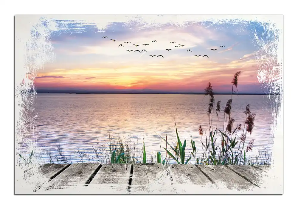 Holzbild Seepanorama mit Schilf und fliegenden Vögeln 50 x 50 cm Markenprodukt