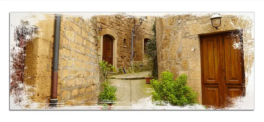 Holzbild Weg durch die Altstadt - Toskana in Italien 50 x 50 cm Top-Preis