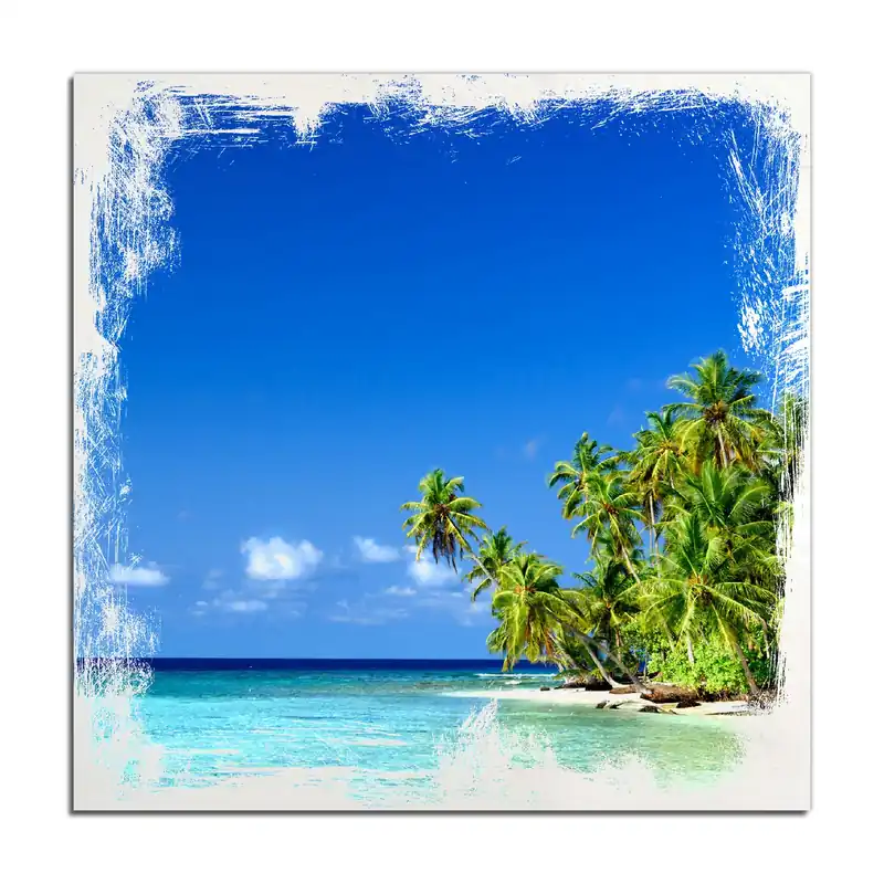 Zertifiziert Holzbild Blauer Himmel weißer Strand Palmen und das tiefblaue Meer 40 x 40 cm