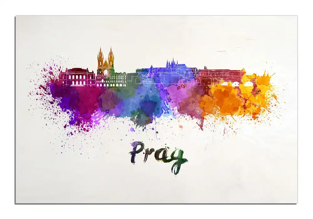 Neu Holzbild Städte als Aquarell - Skyline von Prag 50 x 125 cm