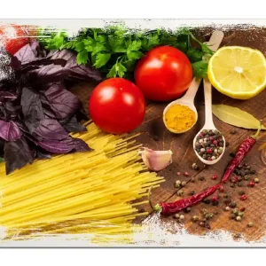 Kracherpreis Holzbild Italienisches Menü mit Spaghetti, Tomaten, Basilikum und Gewürzen 60 x 90 cm