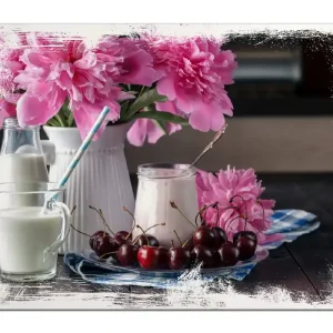 Holzbild Milch mit Kirschen zum Frühstück mit rosa Blumenarrangement 50 x 125 cm Billig