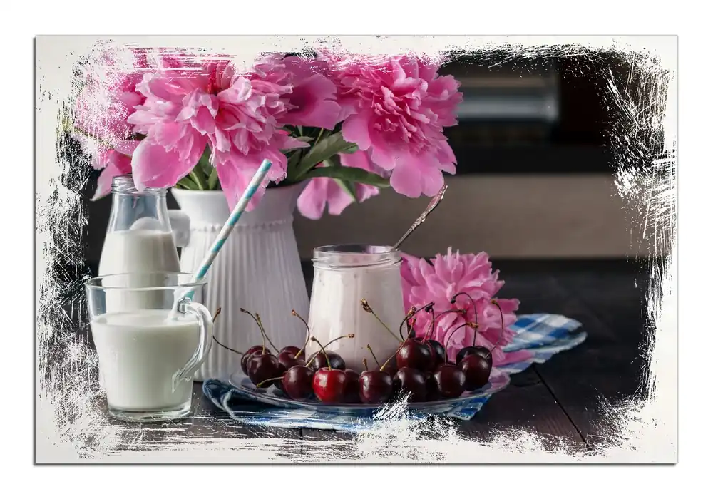 Holzbild Milch mit Kirschen zum Frühstück mit rosa Blumenarrangement 50 x 125 cm Billig
